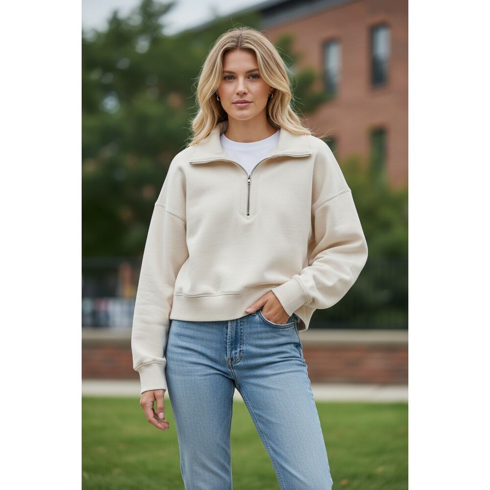 Abercrombie & Fitch Soft AF Max Essentials Cream Quarter Zip Sweatshirt Size S